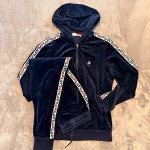 FILA Velour Track Suit Set Navy Blue Logo Tape Hoodie Joggers L/M